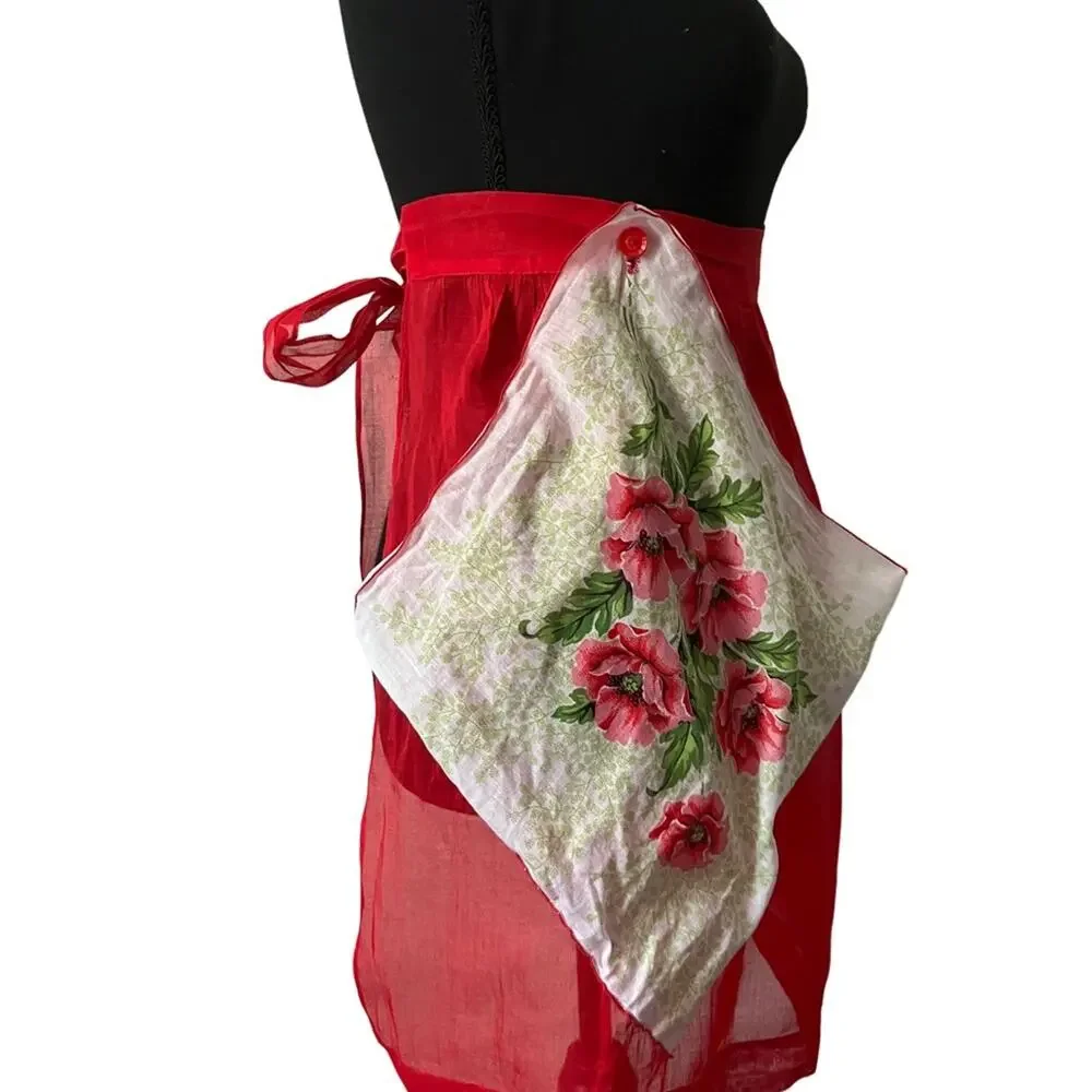 VINTAGE-SHEER-HANDMADE Red Kitchen Apron with Floral Handkerchief